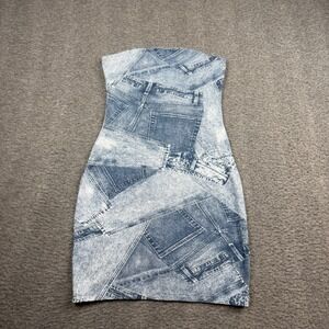 H&M Divided Strapless Mini Dress Womens XS Blue Denim Patchwork Print Tube Dress